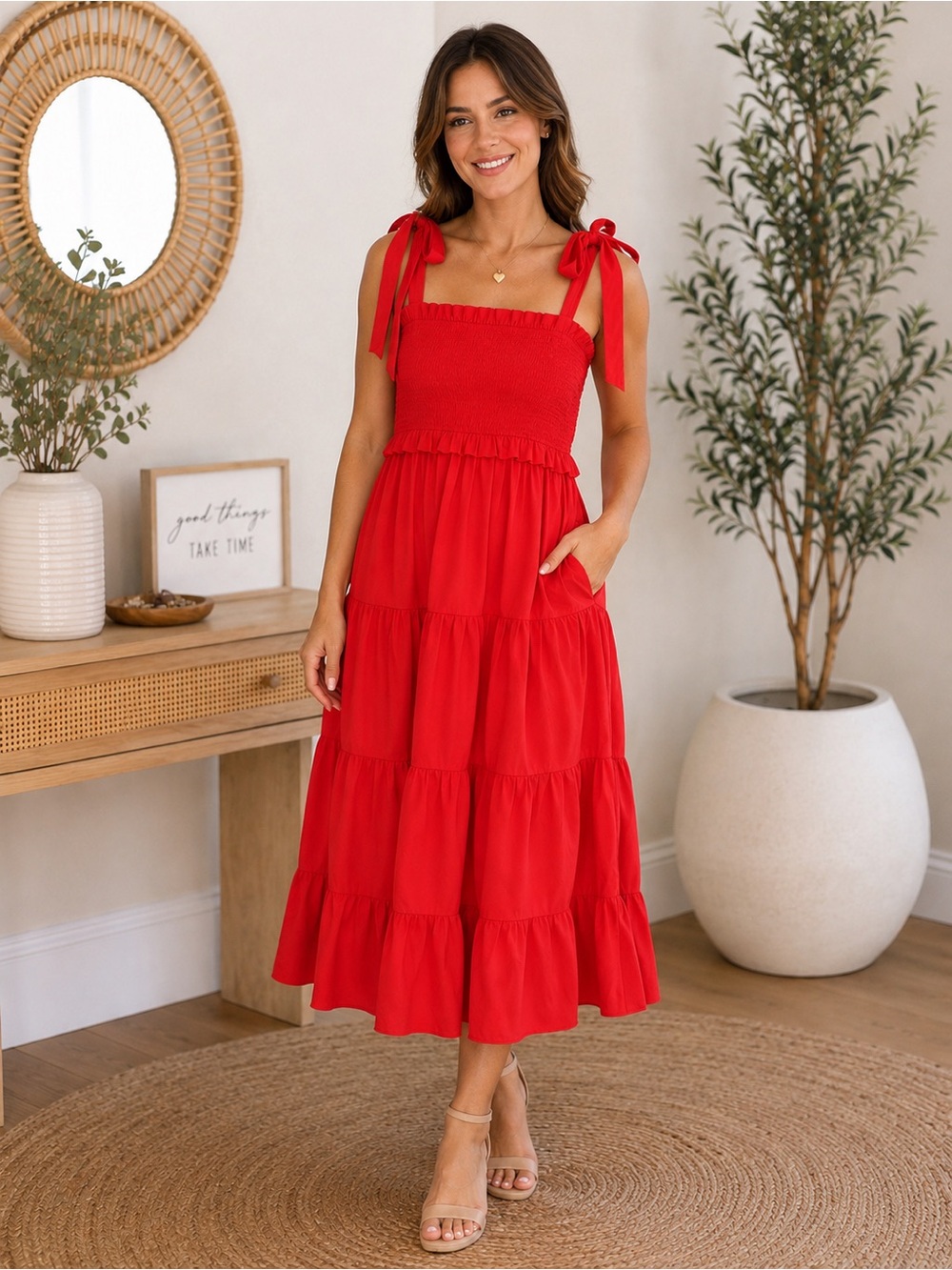 NWT Heyson Red Smocked Tie Strap Midi Dress with Pockets | Small